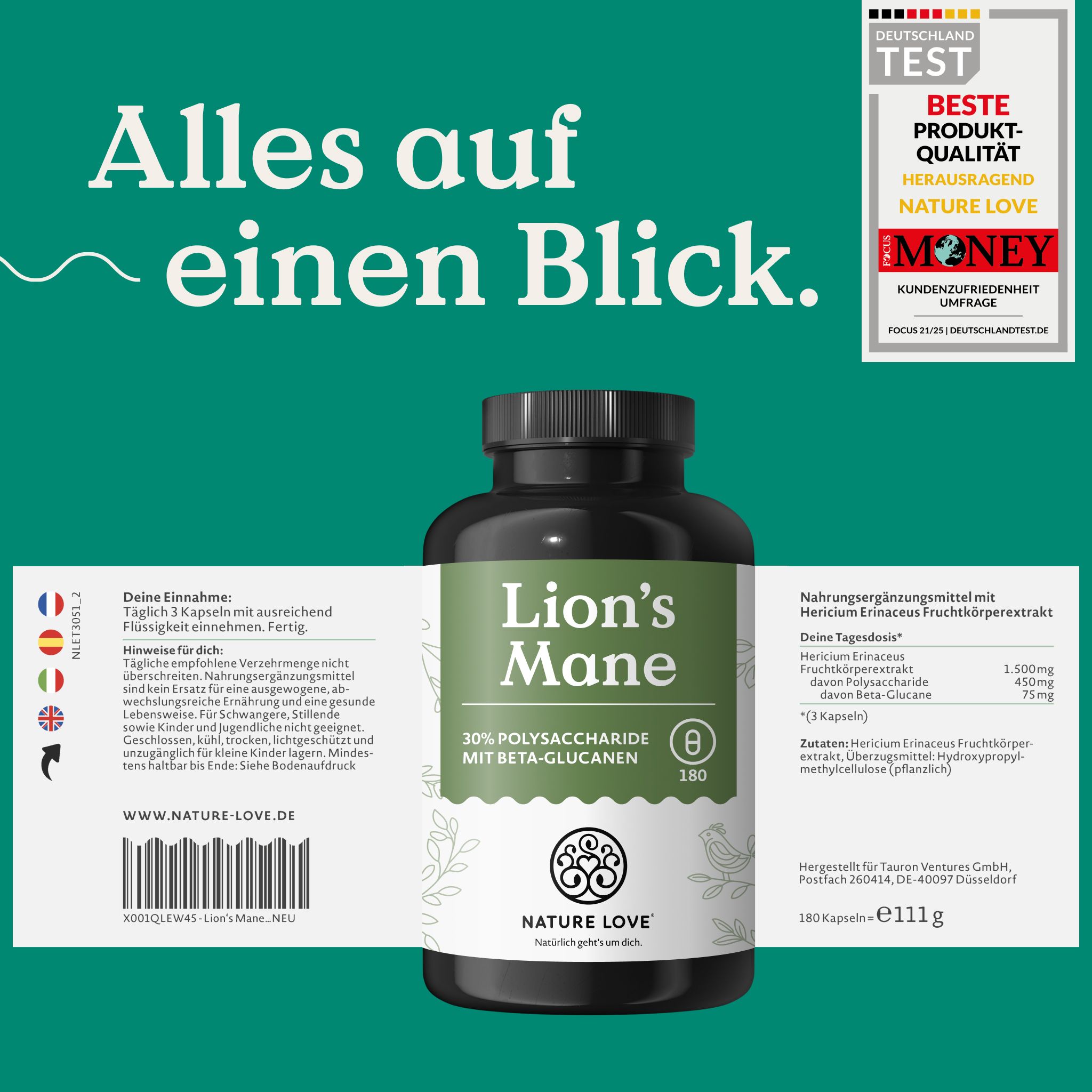 NATURE LOVE: 1.500 mg Fruchkörper-Extrakt je Tagesdosis. 3 Kapseln täglich, reicht für 2 Monate.