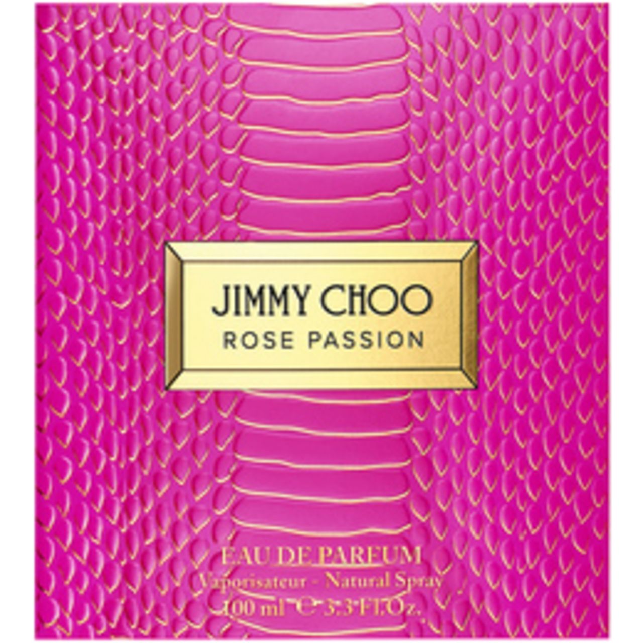Pinkfarbene Schachtel mit goldfarbener Aufschrift: Jimmy Choo Rose Passion. Schachtel mit Schlangenleder-Optik.