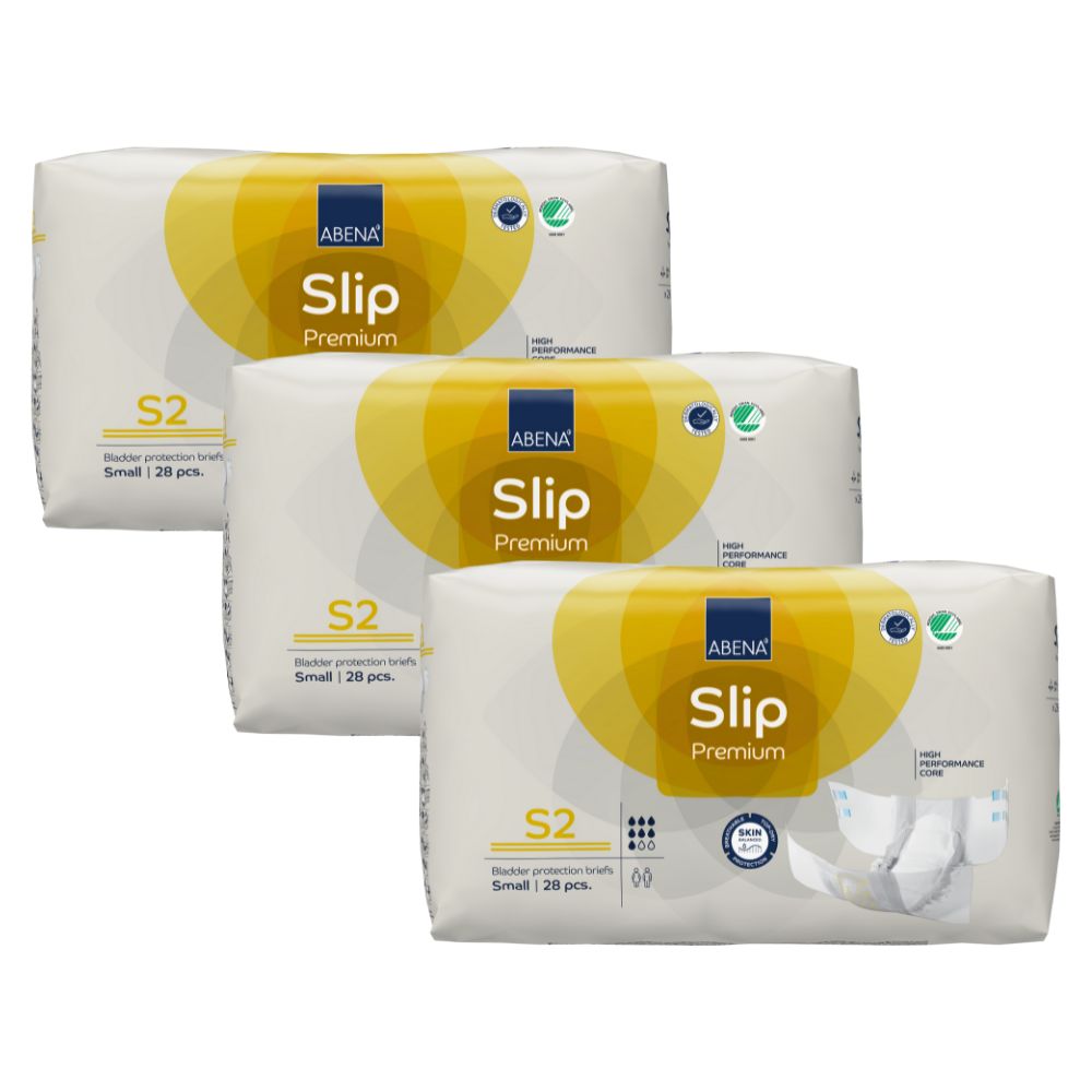Drei Packungen ABENA Slip Premium S2. Aufdrucke: ABENA, Slip Premium, S2, Small, 28 Stück. Mit Zertifizierungen.