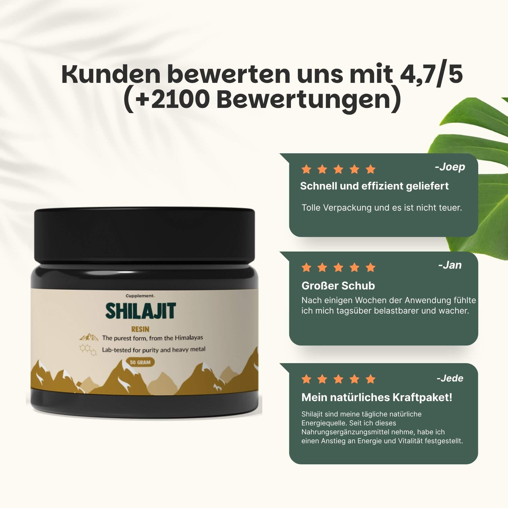 Produkt mit Etikett und Kundenbewertungen. Drei Textfelder mit 5-Sterne-Bewertungen und Kommentaren.