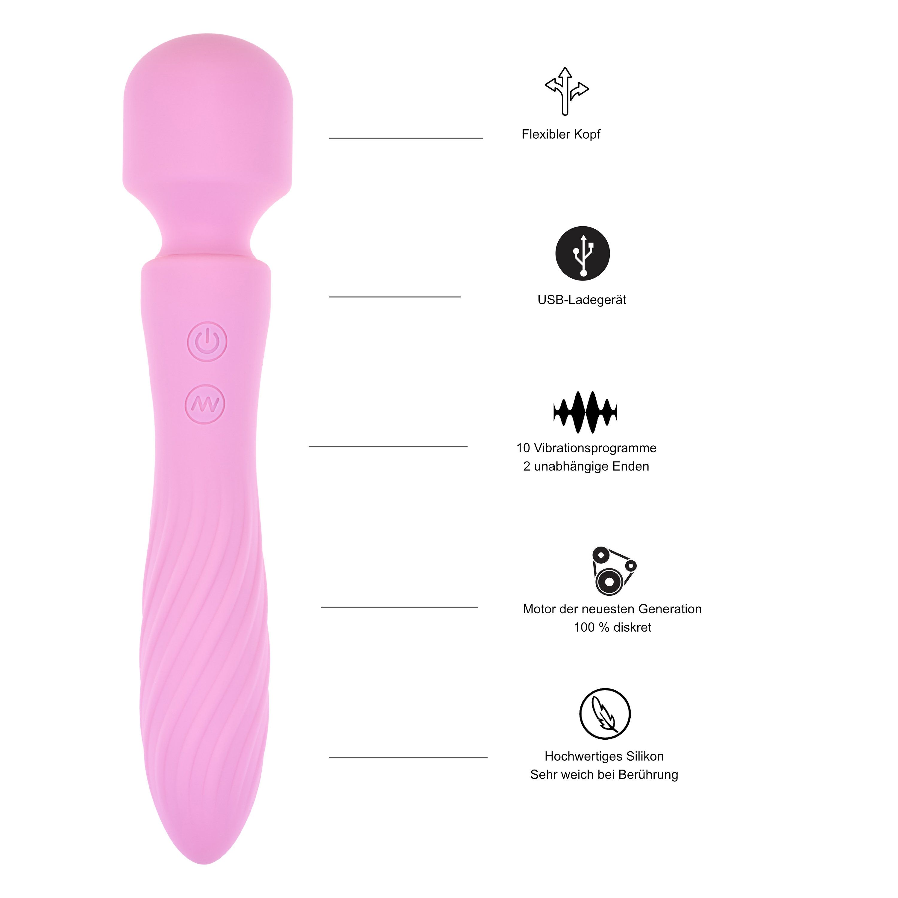 Rosa Vibrator, 21 cm lang, 4,5 cm Kopfbreite, 3,5 cm Griffbreite. Flexibler Kopf.
