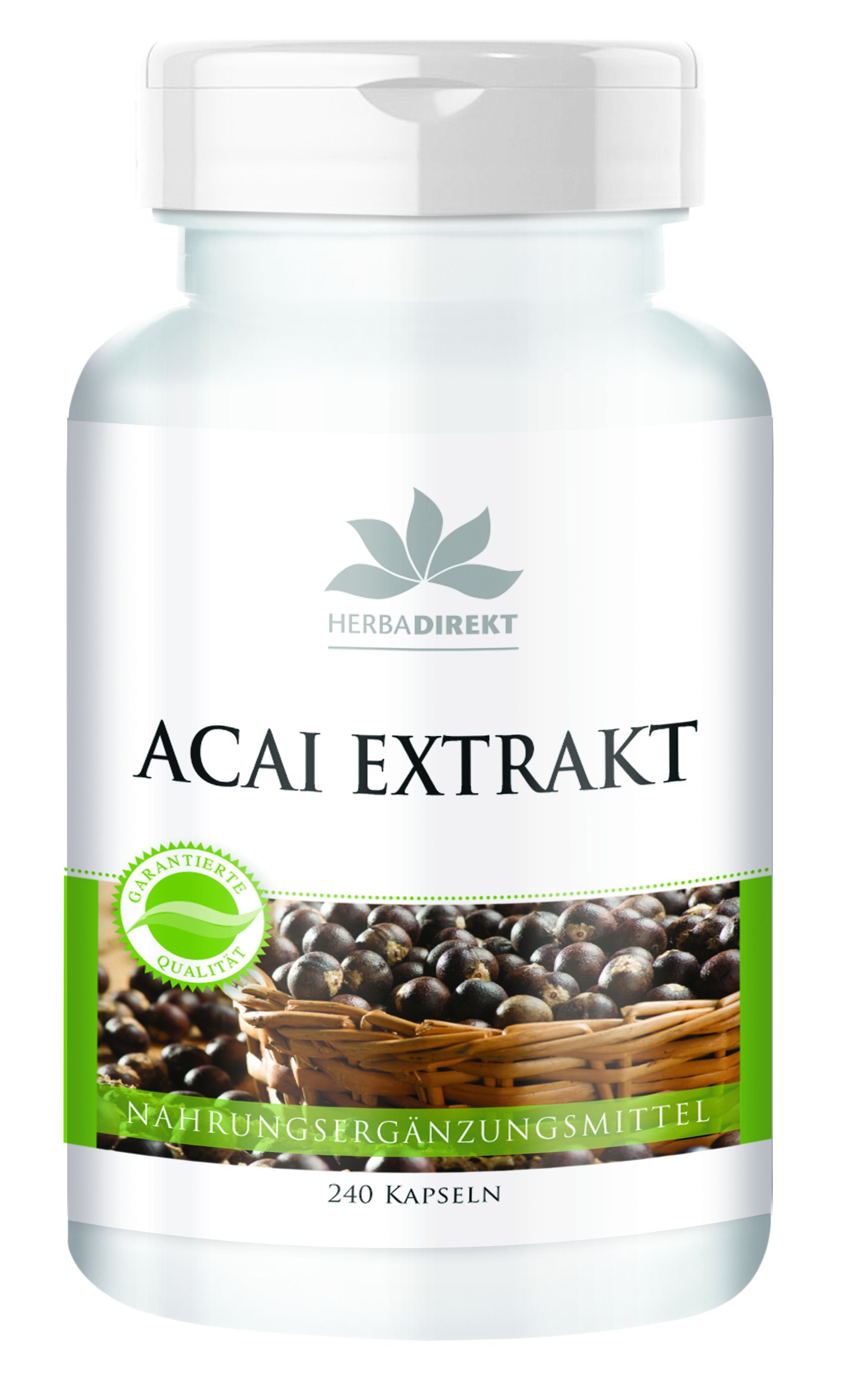 Weiße Flasche mit grünem Etikett. Aufschrift: Acai Extrakt, Herbadirekt, 240 Kapseln. Abbildung von Acai-Beeren im Korb. Siegel: Garantierte Qualität.