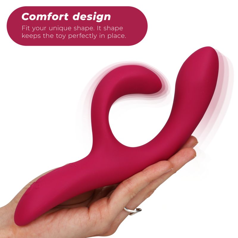 Rosa Vibrator in einer Hand gehalten. Text: "Comfort design".