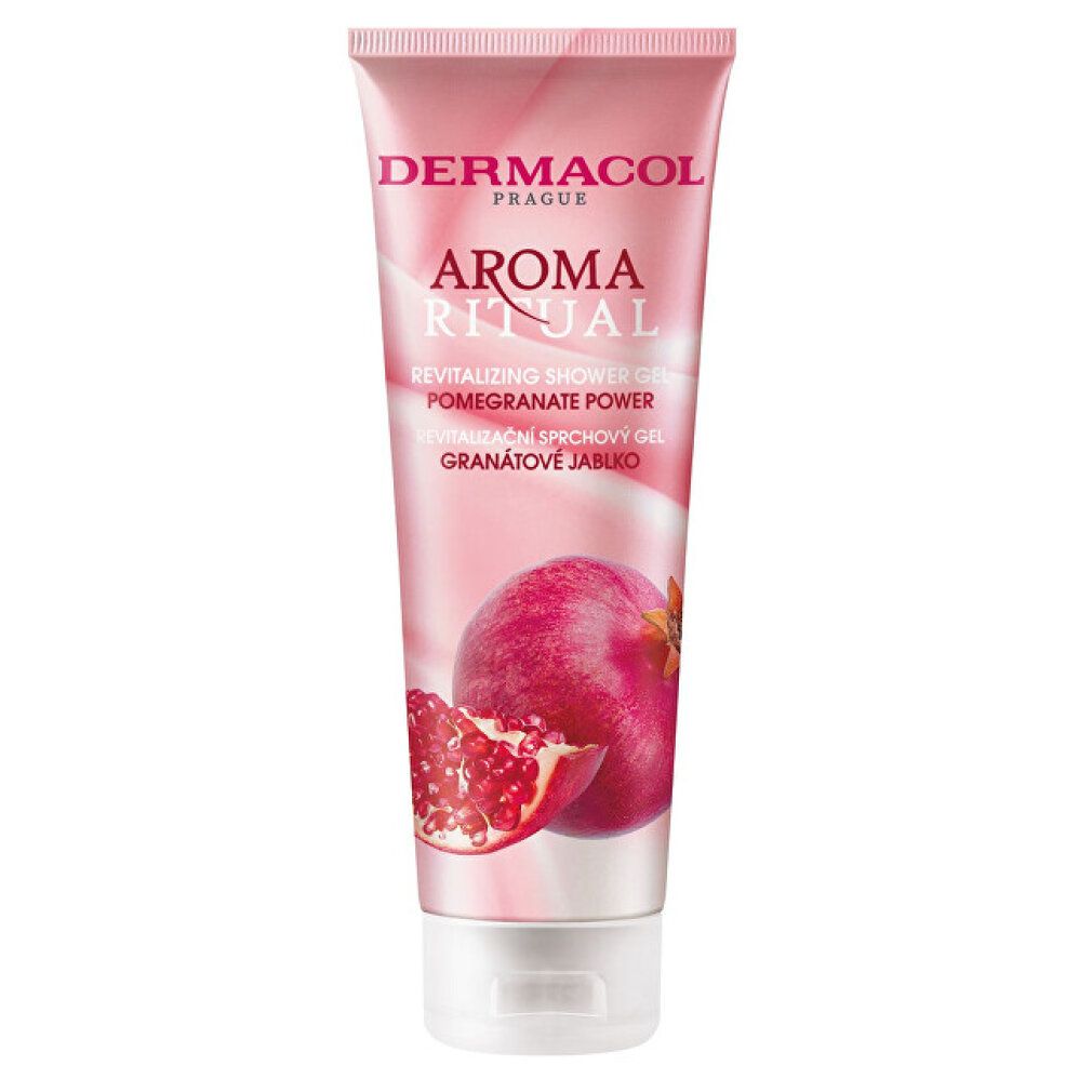 Rosa Tube mit Produktaufdruck. Schriftzug: Dermacol, Aroma Ritual, Revitalisierendes Duschgel, Granatapfel. Abbildung einer Granatapfelfrucht.