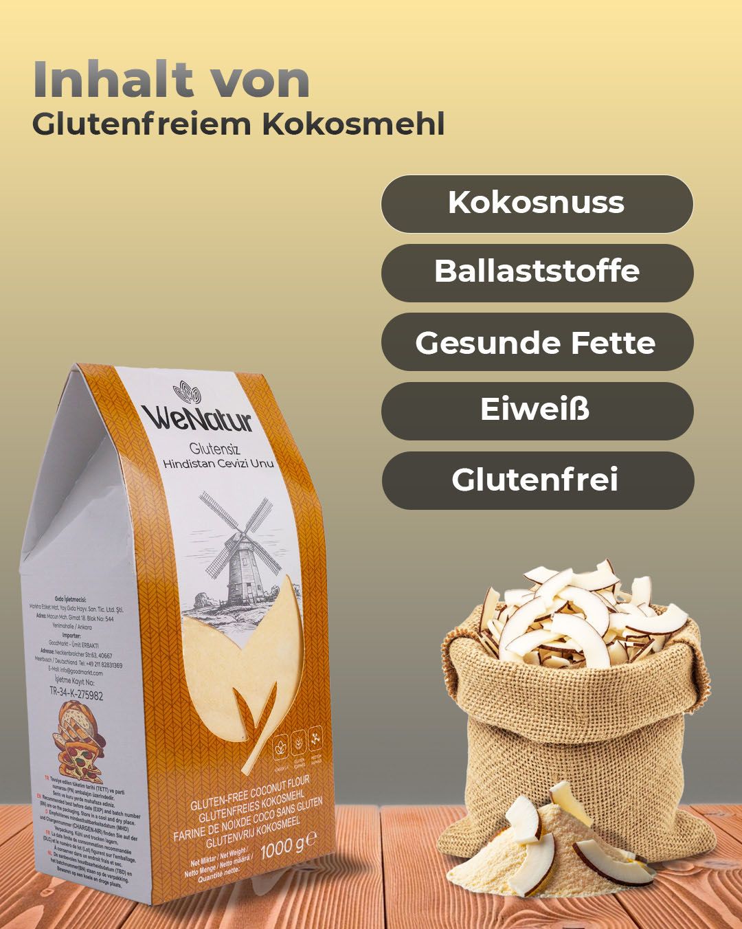 Packung glutenfreies Kokosmehl neben einem Sack Kokosraspeln und Kokosstücken.