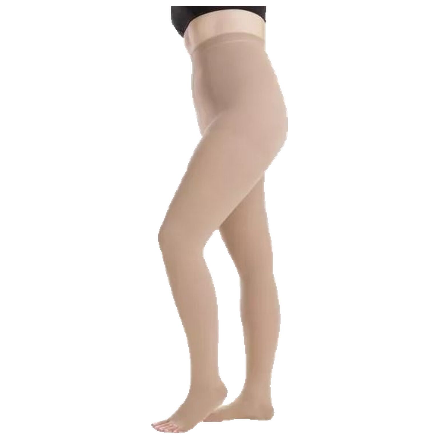 Hautfarbene Kompressionsstrumpfhose. Seitliche Ansicht einer Person, die die Strumpfhose trägt. Offene Zehenpartie.