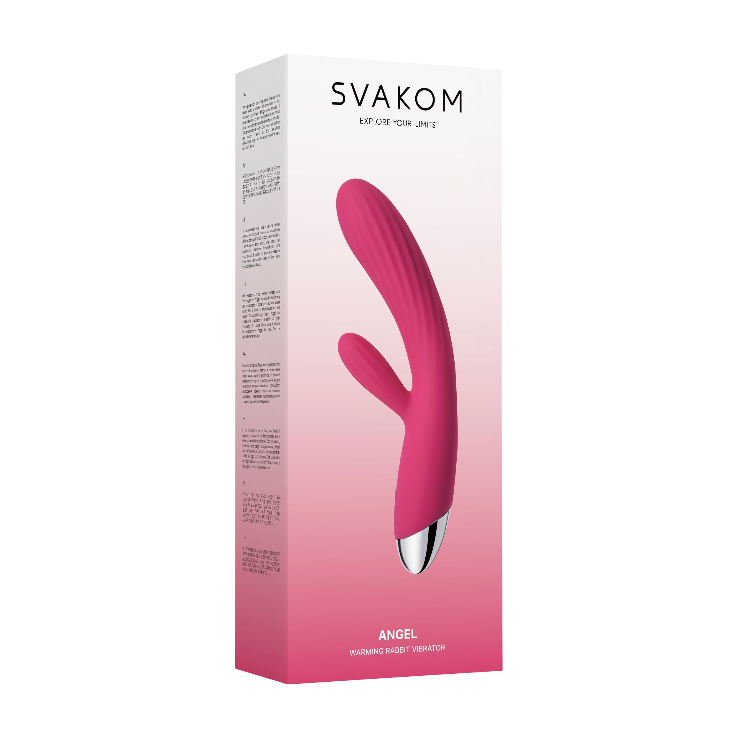 Verpackung mit pinkfarbenem Vibrator. Marke SVAKOM. Text: ANGEL, Warming Rabbit Vibrator.