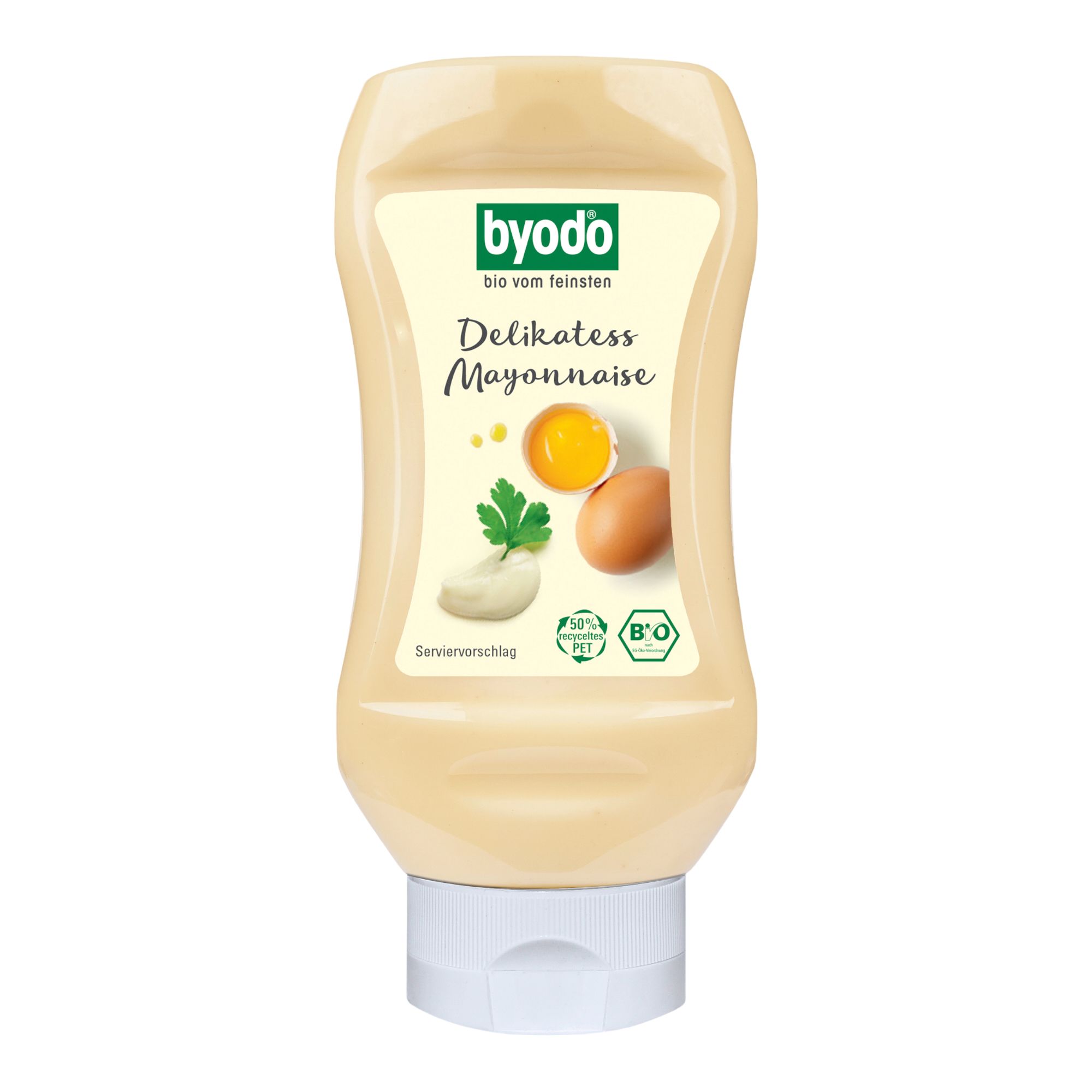 Flasche Bio Delikatess Mayonnaise von Byodo mit Ei und Petersilie.