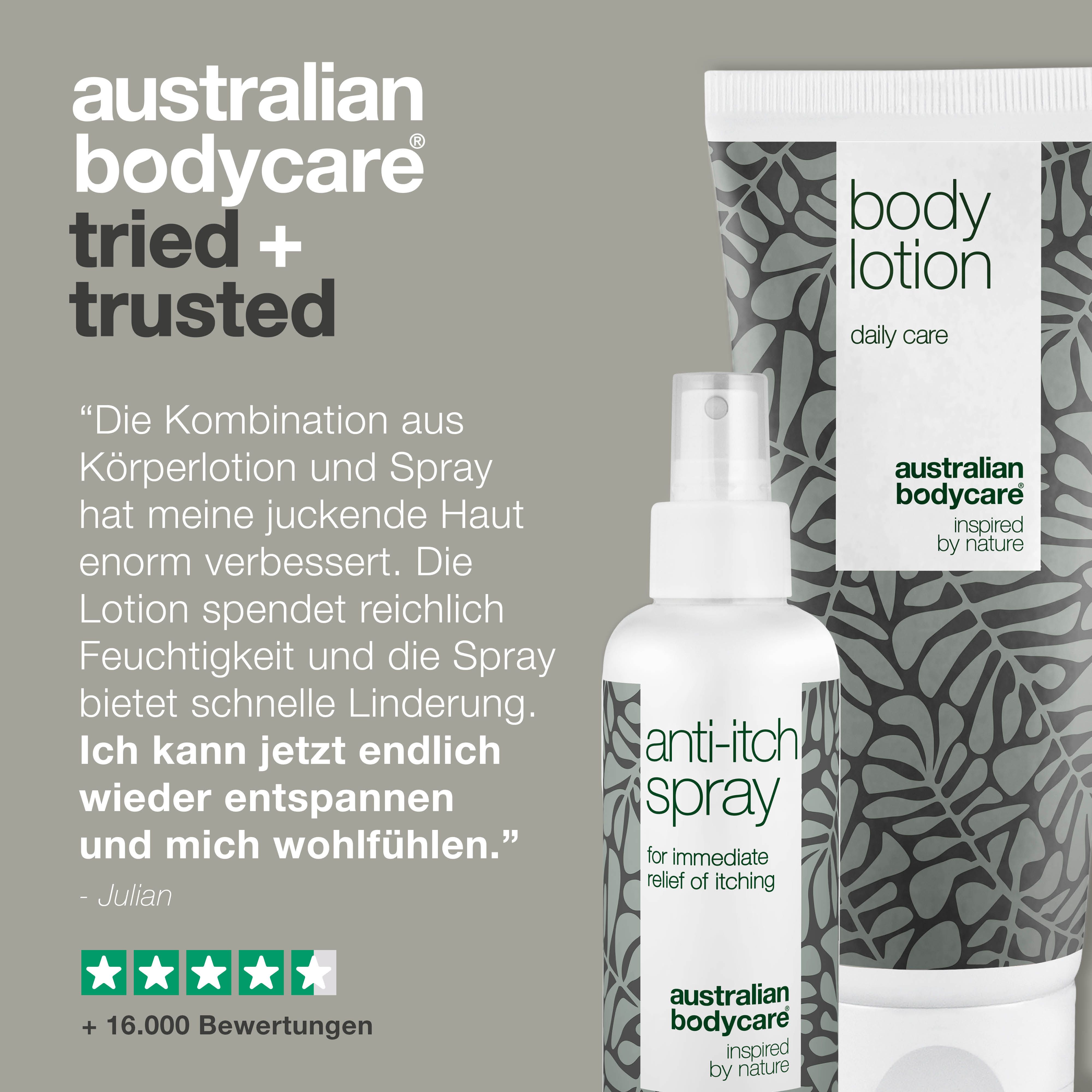 Zwei Produkte: Body Lotion und Anti-Juckreiz-Spray. Auf der linken Seite steht „Problem“ und auf der rechten „Solution“.