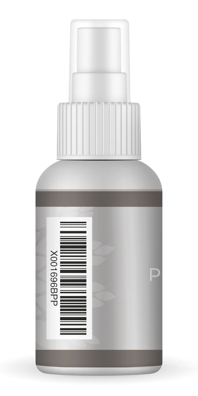 Sprayflasche mit Barcode-Etikett. Auf dem Etikett steht "X001696BPP". Die Flasche ist grau und weiß.