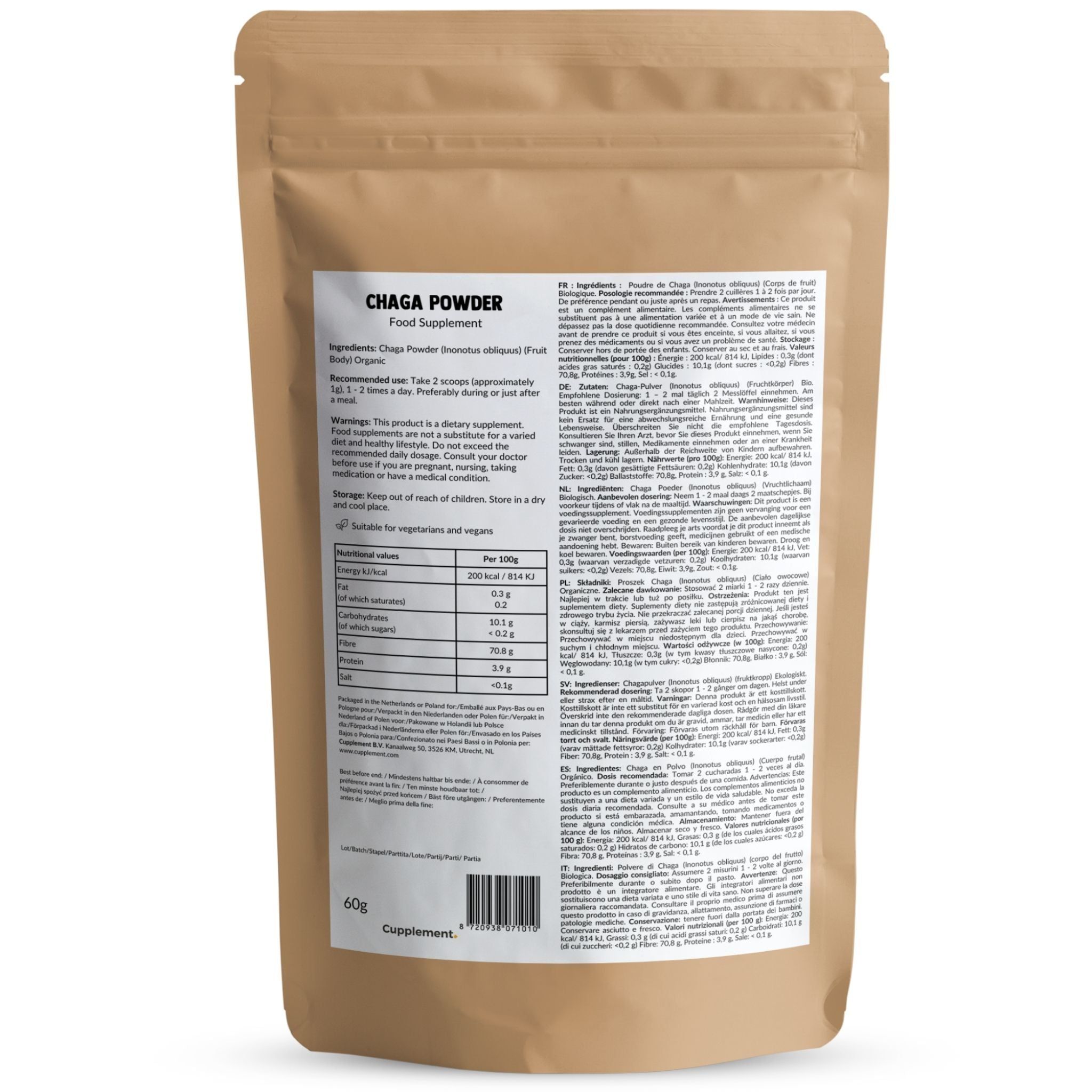 Beutel mit Chaga-Pulver. Aufschrift: Chaga Powder, Food Supplement. 60g. Enthält Informationen und Nährwertangaben.