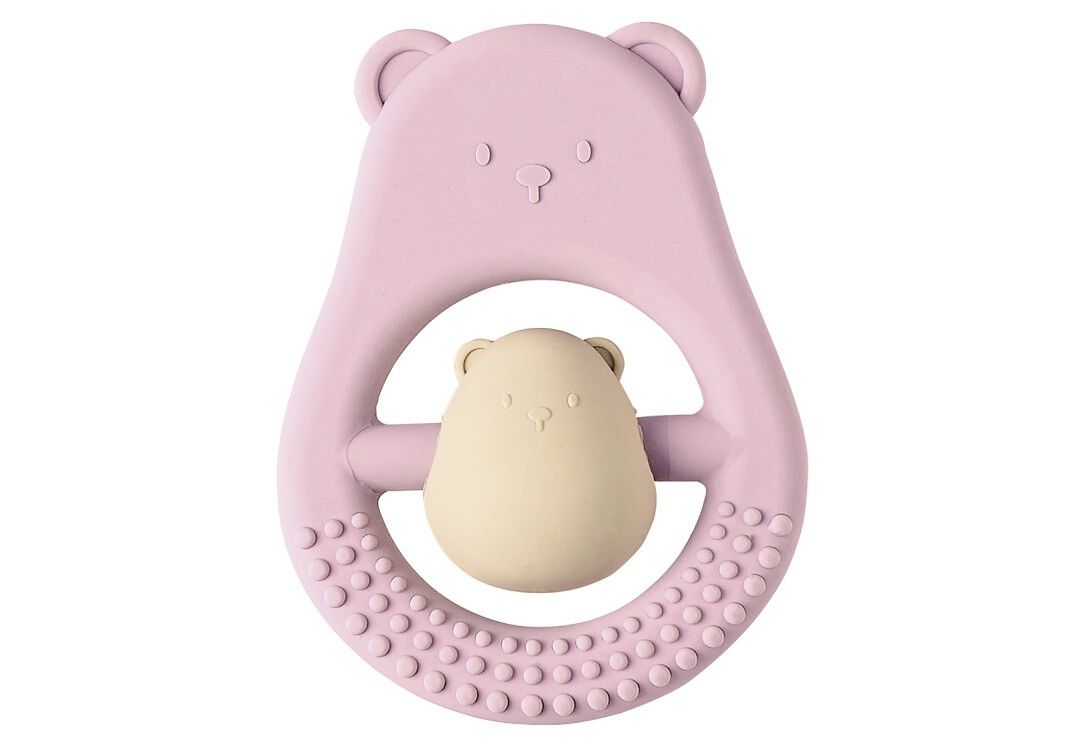 Rosa Beißring in Bärenform mit Noppen und einem kleineren Bären in der Mitte. Ohne Verpackung.