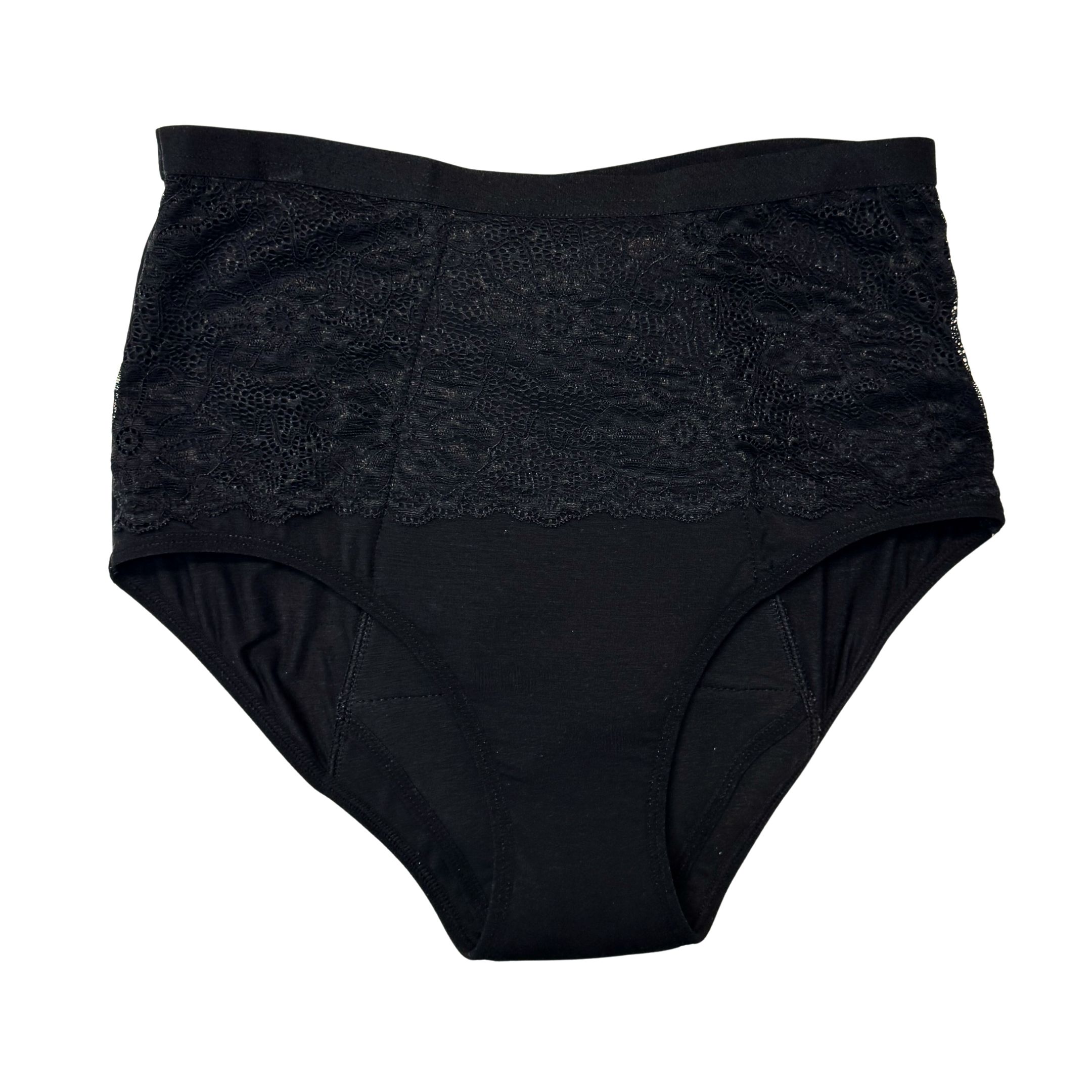 Schwarze, ultra-absorbierende Culotte mit Spitze im Vorderteil. Blick von vorne.