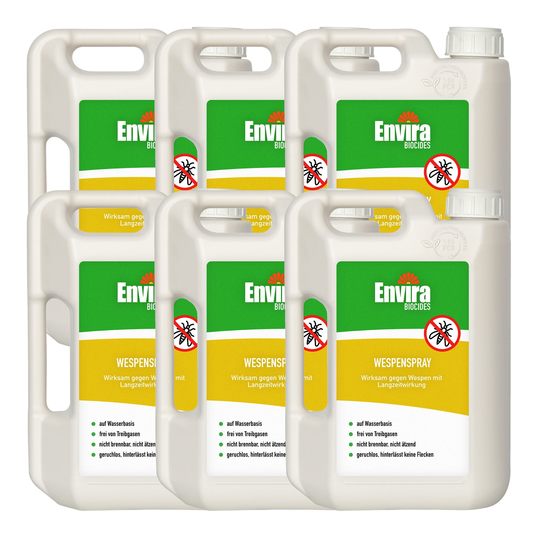 Mehrere weiße Kanister mit grün-gelben Etiketten. Auf den Etiketten steht "Envira WespenSpray". Ein rotes Symbol zeigt eine durchgestrichene Wespe.