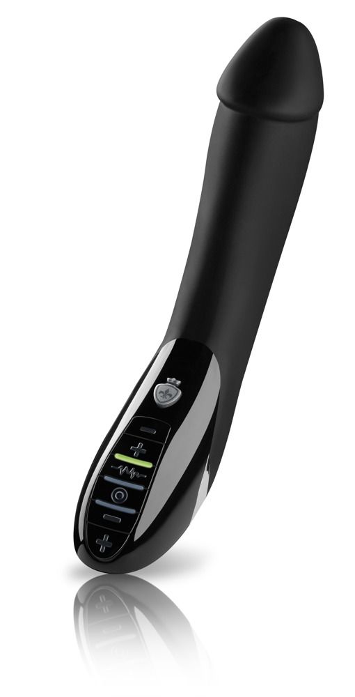 Schwarzes Wellness-Produkt. Form: länglich, mit abgerundeter Spitze. Bedienfeld mit Symbolen. Schwarzes Material. Perspektivische Ansicht.