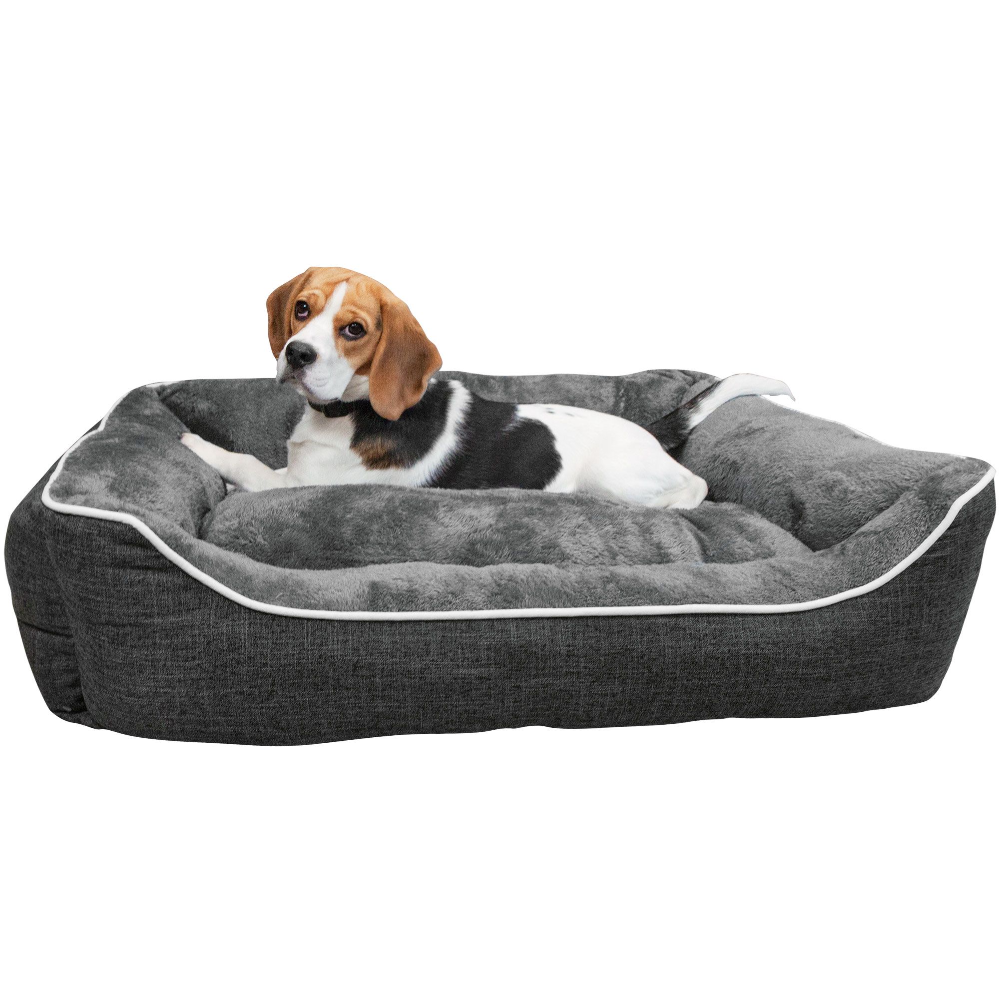 Hundebett, grau, mit Hund. Innen weicher Stoff, außen Leinenoptik. Hund liegt im Bett.