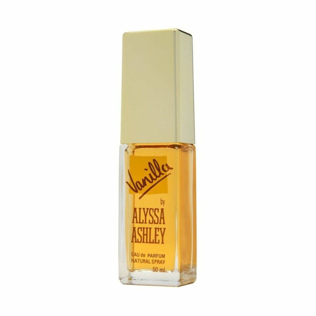 Alyssa Ashley Vanilla Eau de Parfum Natural Spray. Eckiger Flakon mit goldfarbenem Verschluss. Aufschrift: Vanilla by Alyssa Ashley. 50 ml.