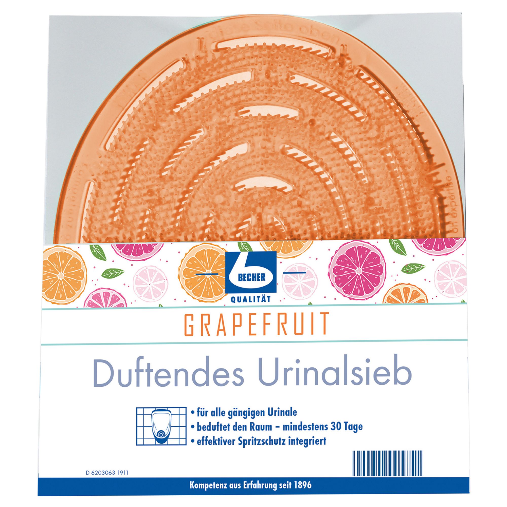 Orangefarbenes Urinalsieb mit Schriftzug. Aufschrift: Grapefruit, Duftendes Urinalsieb. Marke: Becher. Mit Produktinformationen.