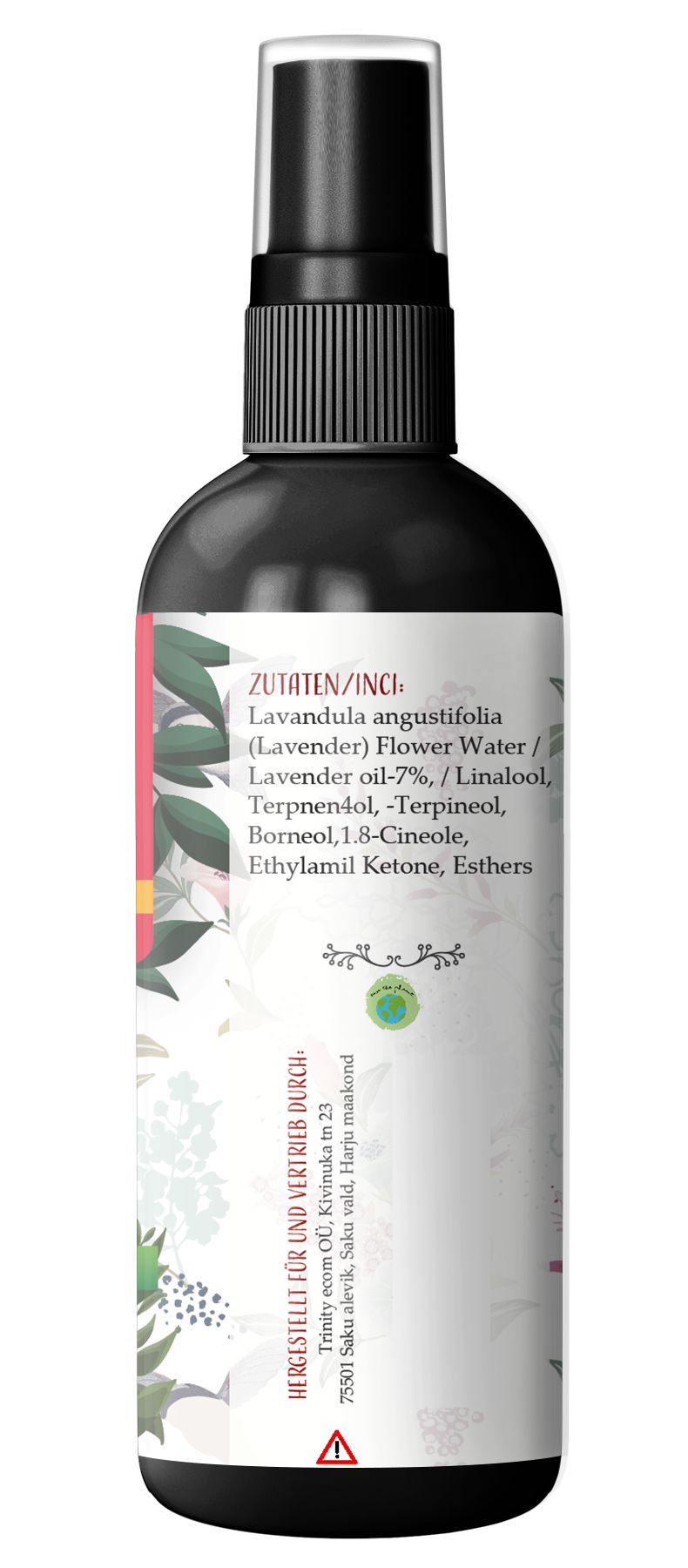 Rückseite einer schwarzen Sprühflasche. Zutatenliste: Lavandula angustifolia, Lavendelöl, Terpinen-4-ol, Linalool, etc. Herstellerinformationen.
