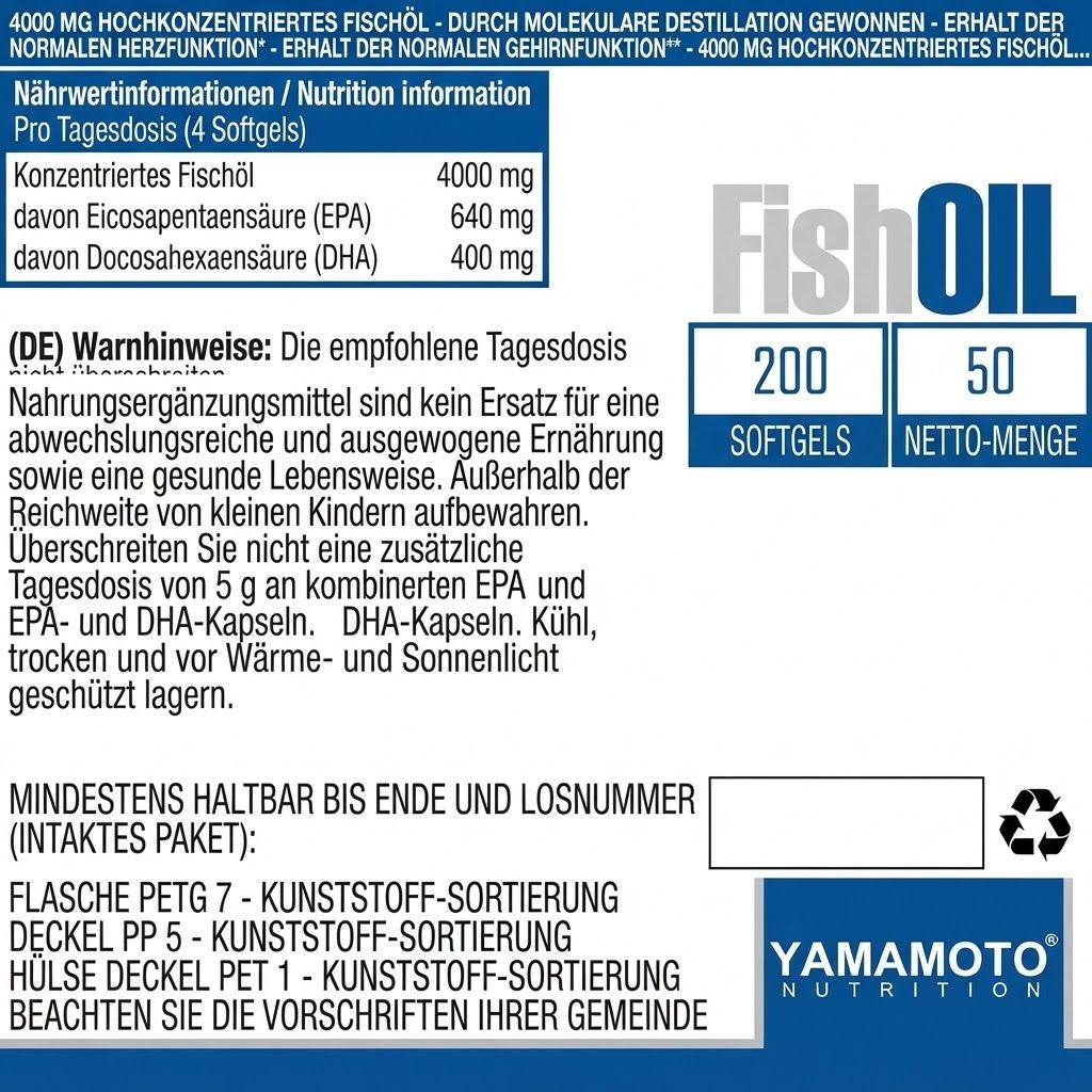 Flasche mit Yamamoto Nutrition Fish Oil Kapseln, 200 Kapseln, 50 Portionen.