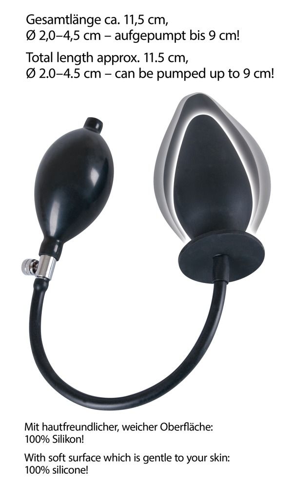 Aufblasbarer Analplug aus Silikon. Schwarzer Plug mit Pumpe und Schlauch. Text mit Maßen.