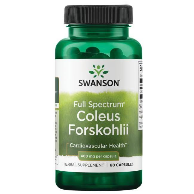 Grüne Flasche mit Kapseln. Aufschrift: SWANSON, Coleus Forskohlii, 400 mg pro Kapsel. 60 Kapseln. Herbal Supplement.