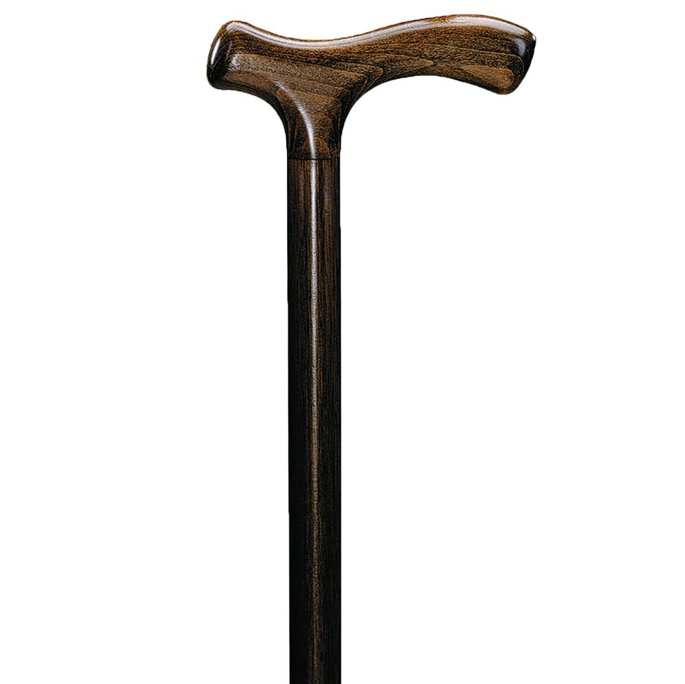 Gehstock mit Fritzgriff aus Holz. Dunkelbraune Farbe. Der Griff ist ergonomisch geformt. Der Schaft ist gerade.