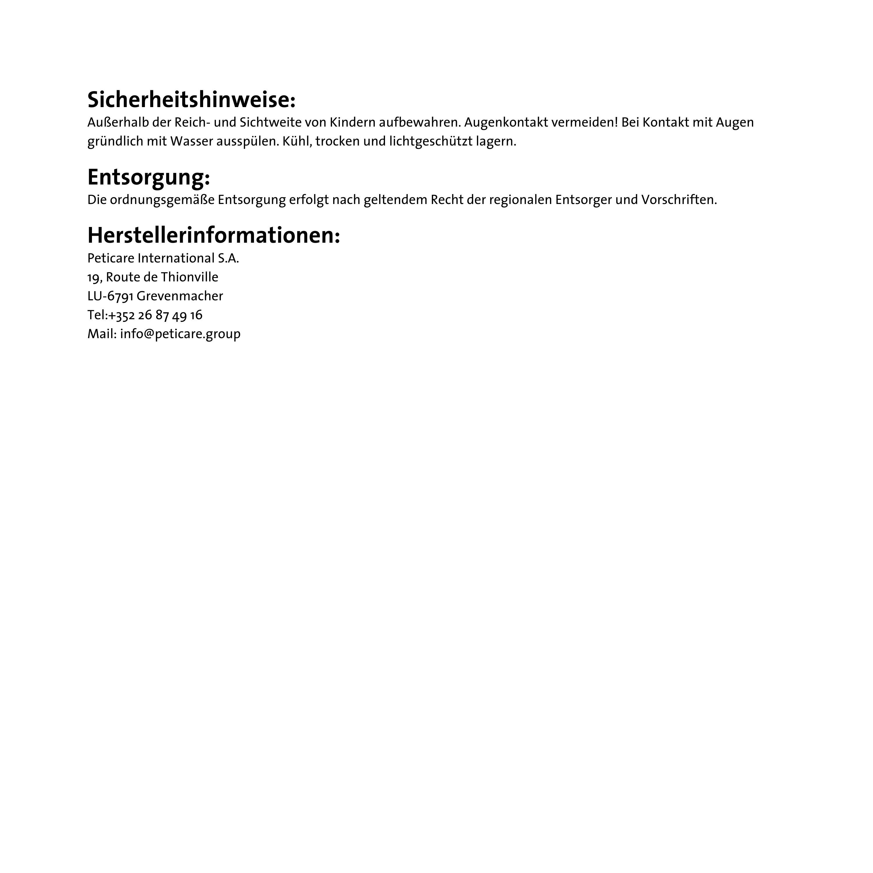 Sicherheits- und Herstellerinformationen. Text auf weißem Hintergrund.