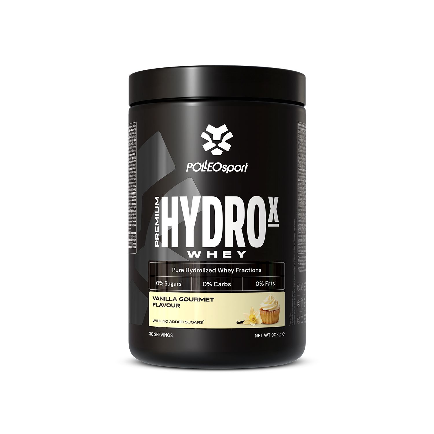 Schwarze Dose mit weißer Aufschrift: HYDROX WHEY. Geschmack: Vanille. Logo: PolleoSport. Enthält 0% Zucker, Carbs und Fett.