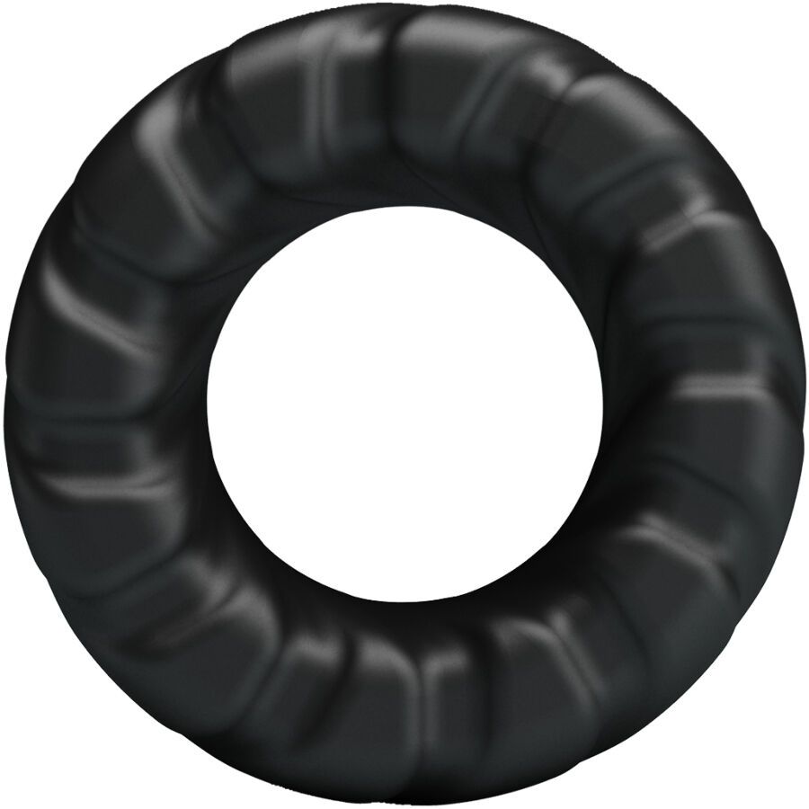 Schwarzer Penisring mit geriffelter Oberfläche. Ringförmig mit zentraler Öffnung.