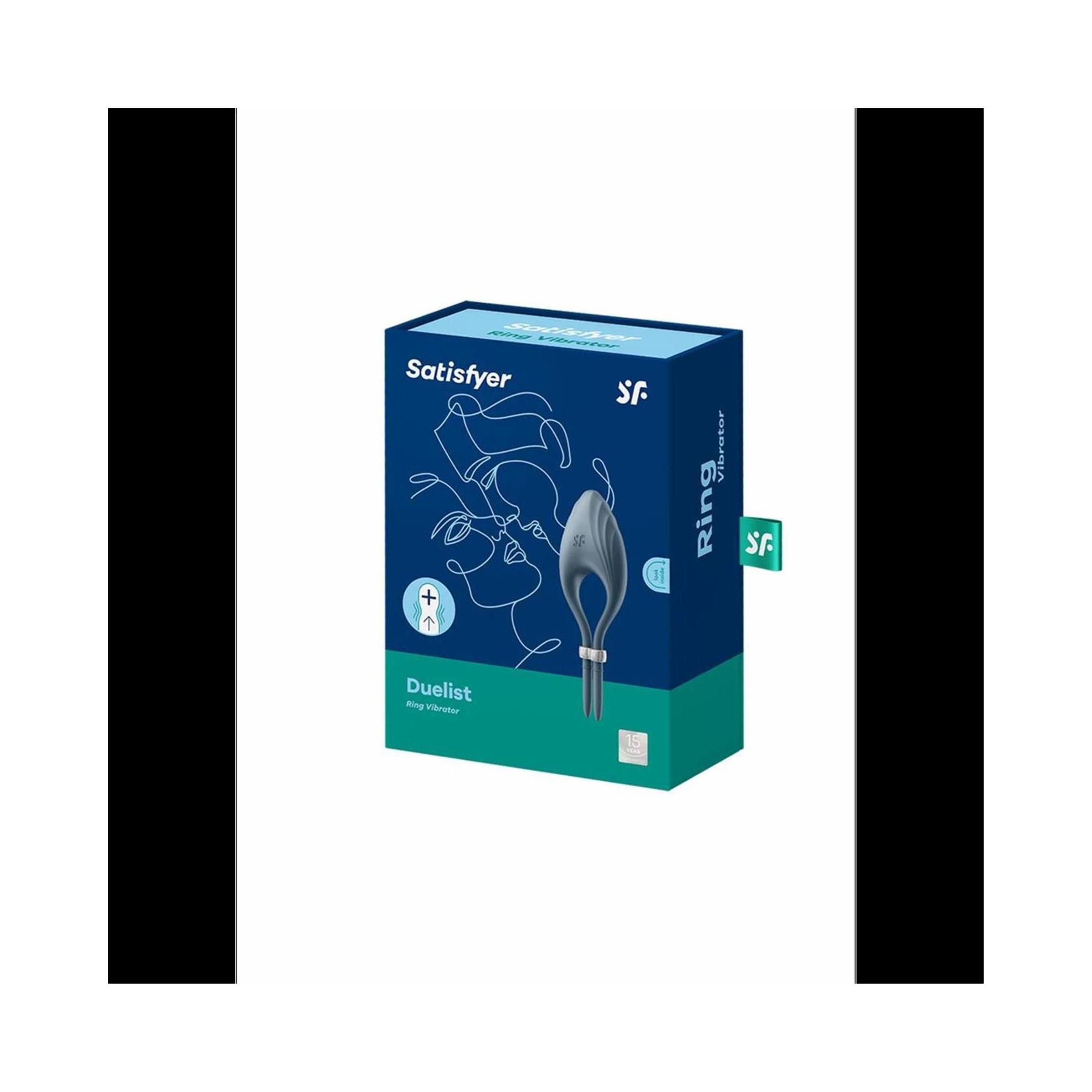 Verpackung von Satisfyer Duelist Ringvibrator. Blau-grüne Box mit Produktabbildung und Logo.