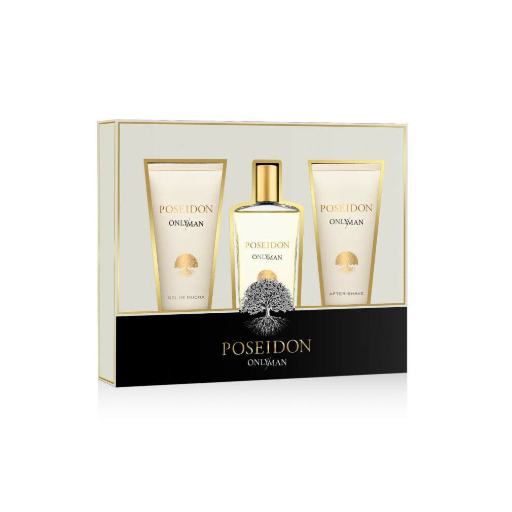 Geschenkset mit Parfüm, Duschgel und After Shave. Verpackung mit goldfarbenen Akzenten. Produktnamen: Poseidon Only Man.