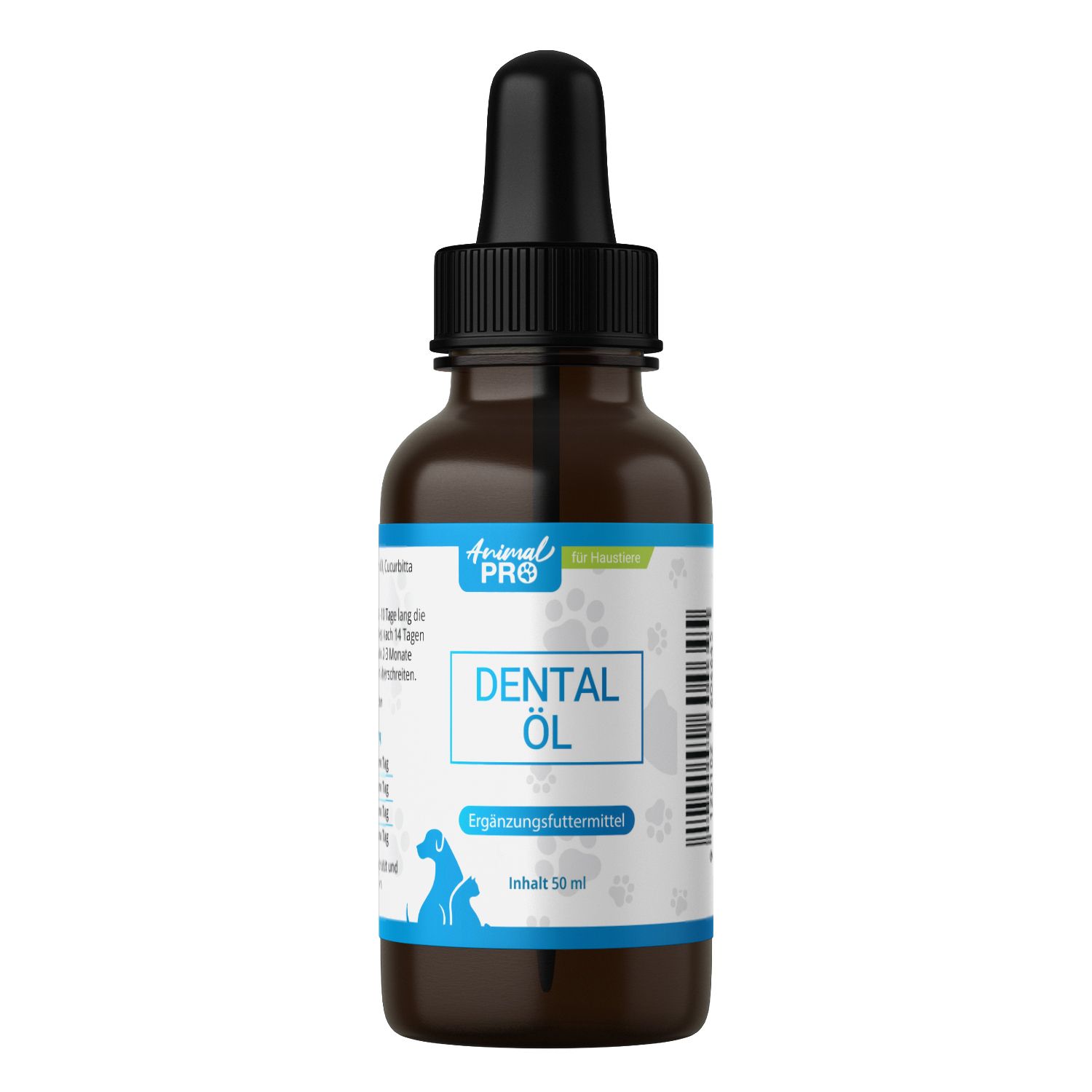 Braune Glasflasche mit schwarzem Tropfer. Etikett mit "Animal Pro | Dental Öl" und Piktogramm. Ergänzungsfuttermittel.