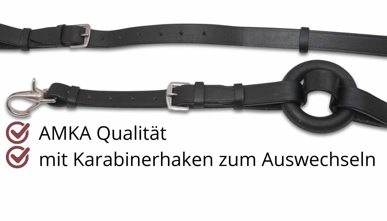 Schwarzes Lederprodukt mit Karabinerhaken. AMKA Qualität.