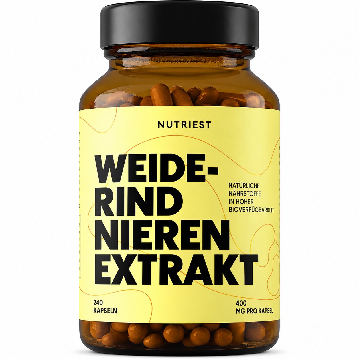 Braune Glasflasche mit gelbem Etikett: 'NUTRIEST WEIDERIND NIEREN EXTRAKT'. 240 Kapseln, 400mg pro Kapsel.