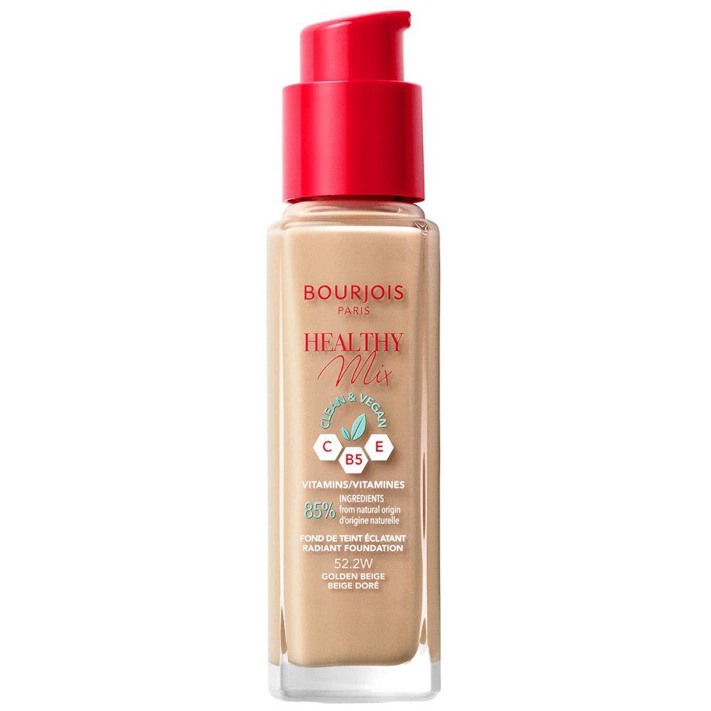 Bourjois Healthy Mix Foundation Flasche. Beige-farbene Flüssigkeit, roter Pumpdeckel. Text: Healthy Mix, Vitamine, 85% natürlichen Ursprungs.