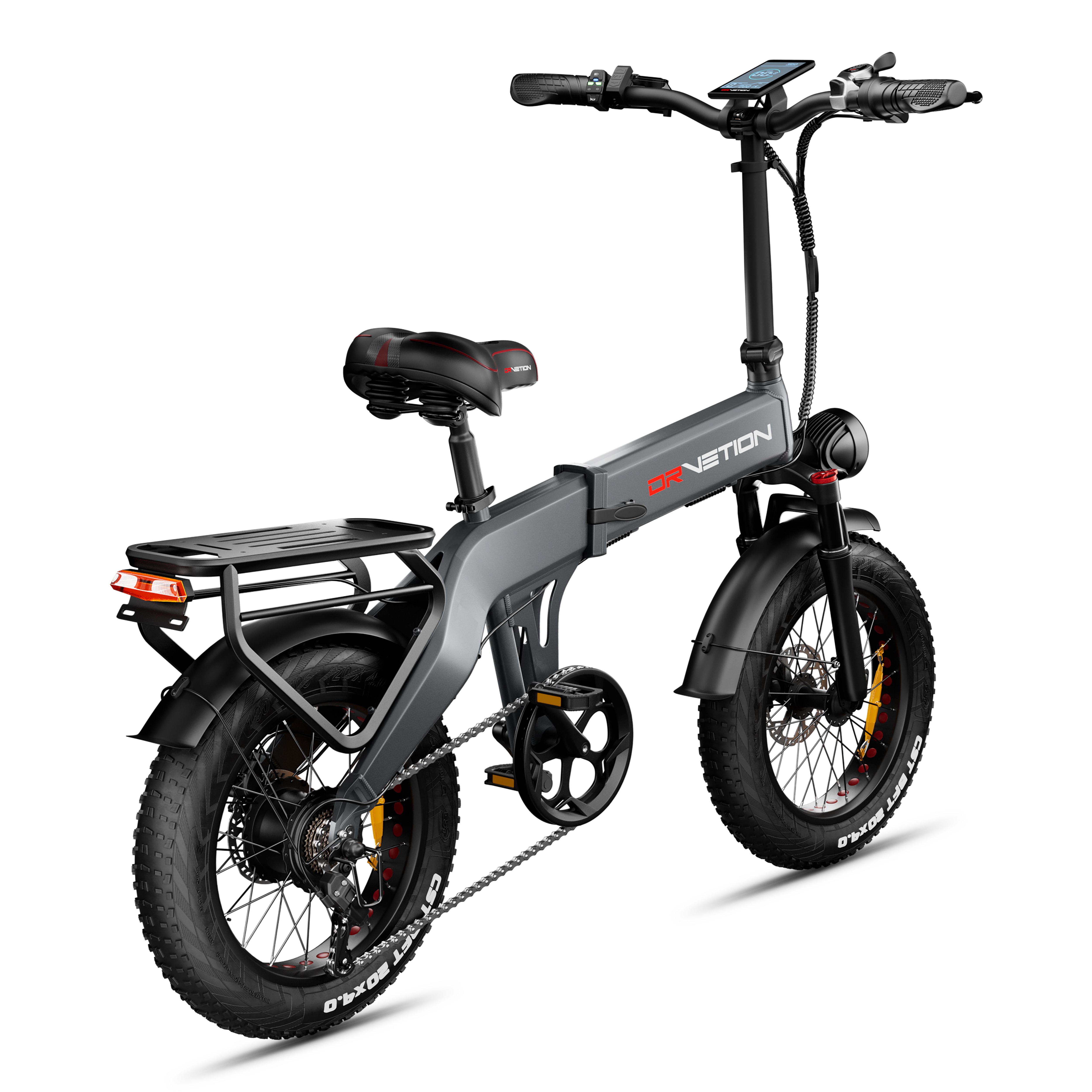 Graues, zusammenklappbares E-Bike. Schwarze Reifen, Gepäckträger, Rücklicht. Marke: DrveTion. 48V.
