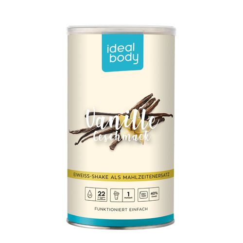 Zylinderförmige Dose mit "ideal body" Logo und "Vanille Geschmack" Schriftzug. Enthält Proteinshake-Pulver. Aufdrucke: "Eiweiß-Shake als Mahlzeitenersatz".
