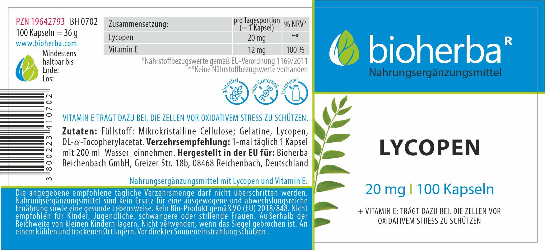 Etikett mit Produktinformationen. Enthält Lycopen und Vitamin E. Marke: Bioherba. 100 Kapseln. Inhaltsstoffe und Verzehrempfehlung.