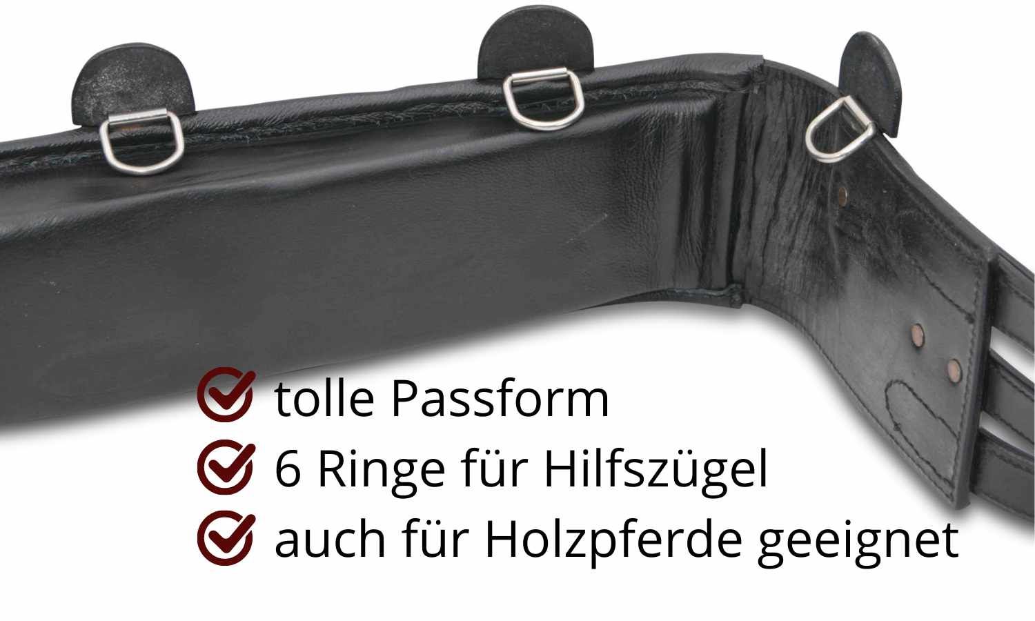 Schwarzer Voltigiergurt mit Ringen. Text: tolle Passform, 6 Ringe, auch für Holzpferde.