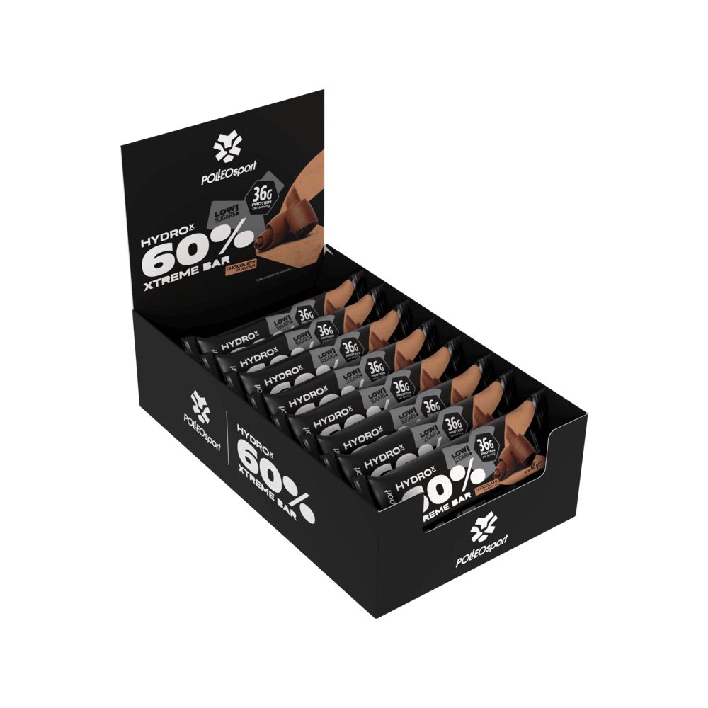 Schwarzer Karton mit Proteinriegeln. Aufdruck: HydroX 60% Xtreme Bar, PolleoSport Logo. Einzeln verpackte Riegel.