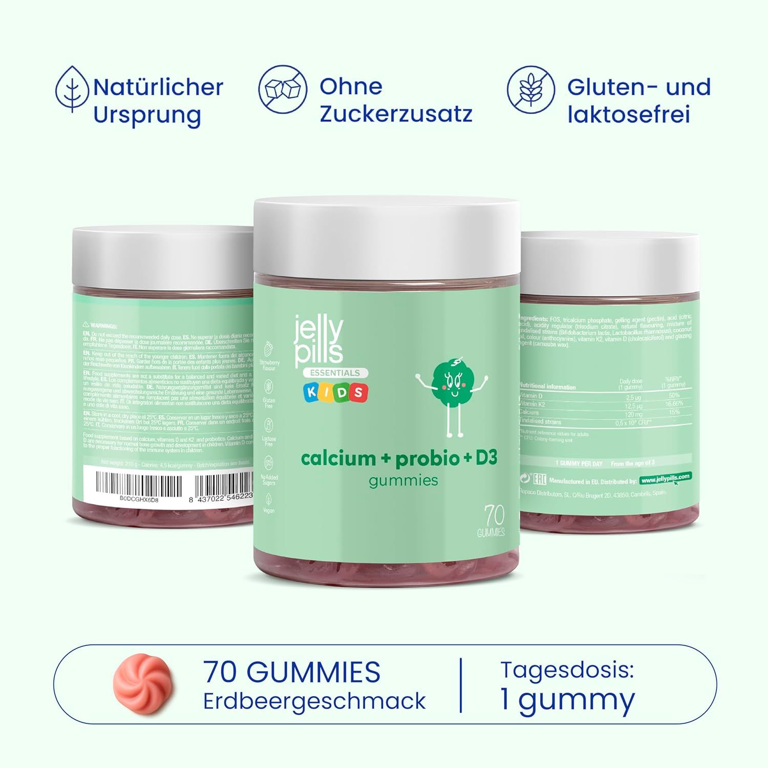 Drei grüne Gläser mit 'Jelly Pills Essentials Kids Calcium + Probio + D3 Gummies'. Text: 70 Gummies, Erdbeergeschmack.