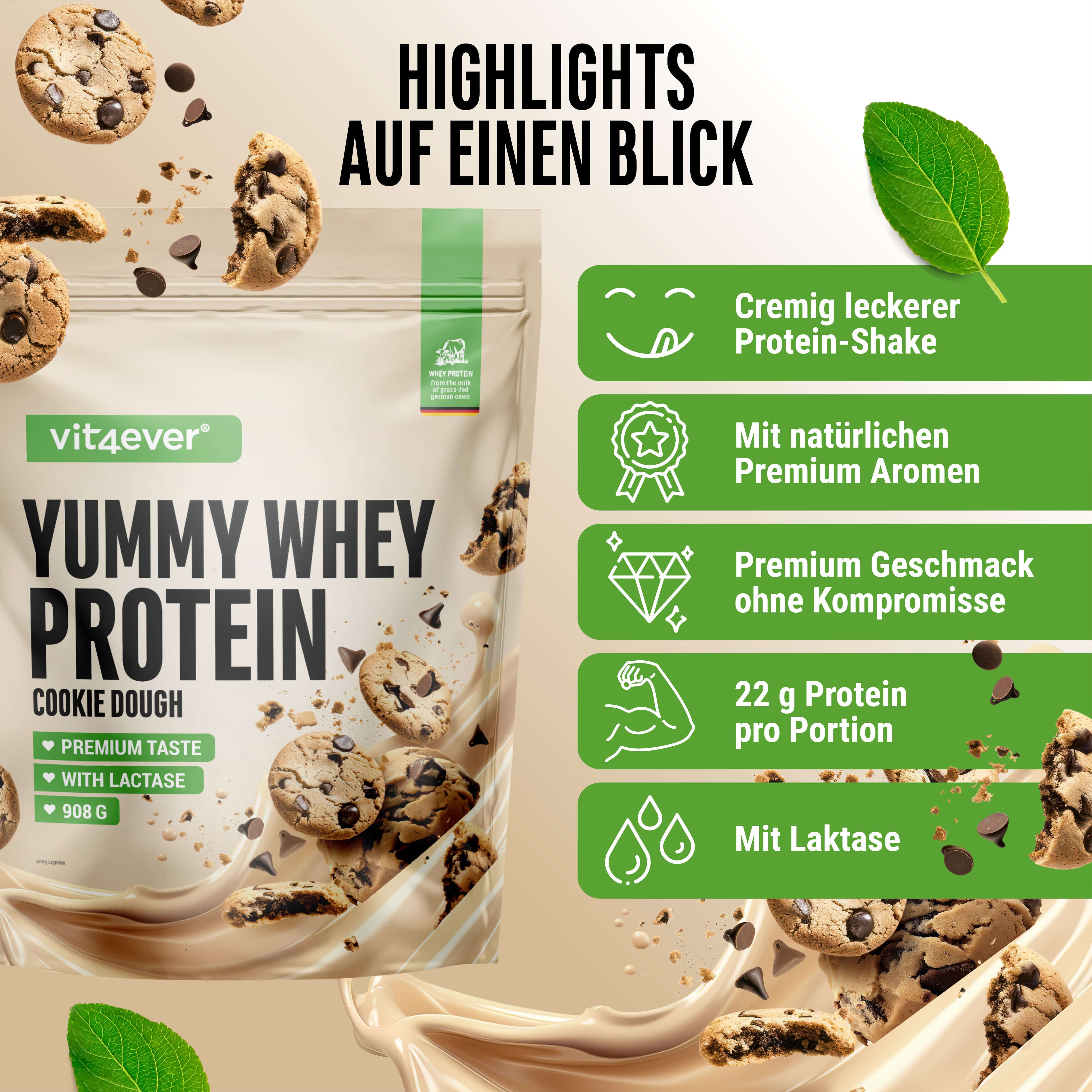 Produktverpackung von "Yummy Whey Protein Cookie Dough" von vit4ever. Highlights: cremig, natürlich, 22g Protein, mit Laktase.