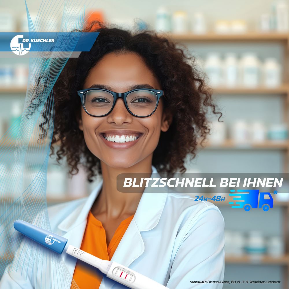 Lächelnde Apothekerin mit Schwangerschaftstest. "Blitzschnell bei Ihnen".