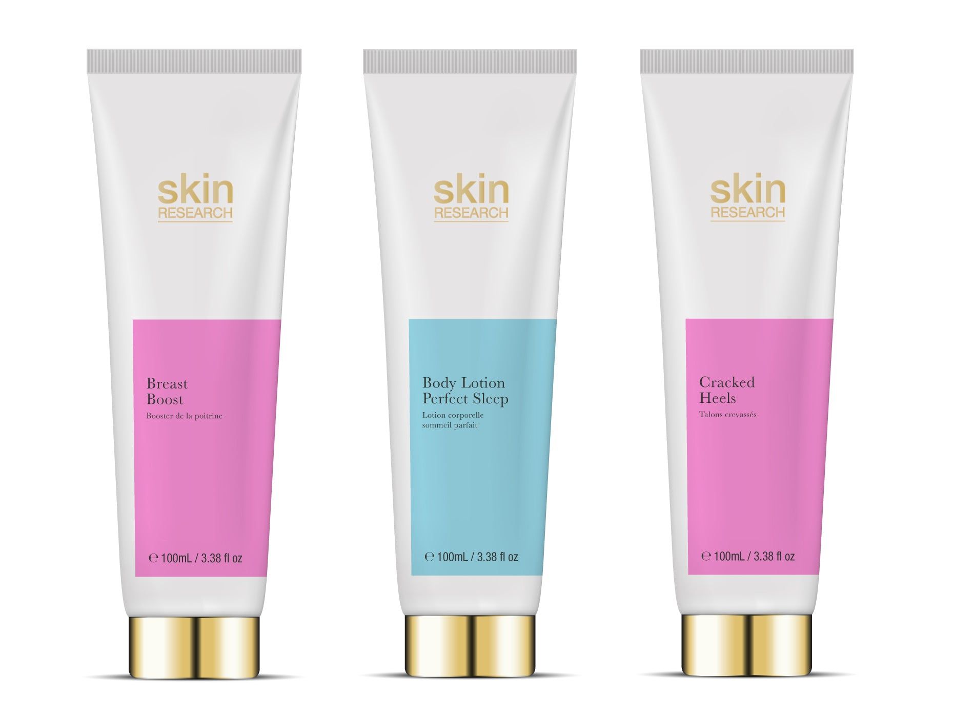 Drei Tuben Hautlotion. Weiß, mit farbigen Rechtecken und goldenen Verschlüssen. Aufschrift: Skin Research, Body Lotion Perfect Sleep.