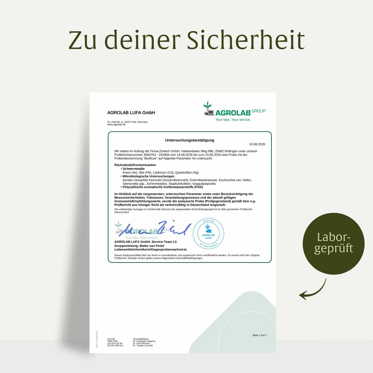 Laborprüfzertifikat für Naturtreu Nattokinase Komplex.