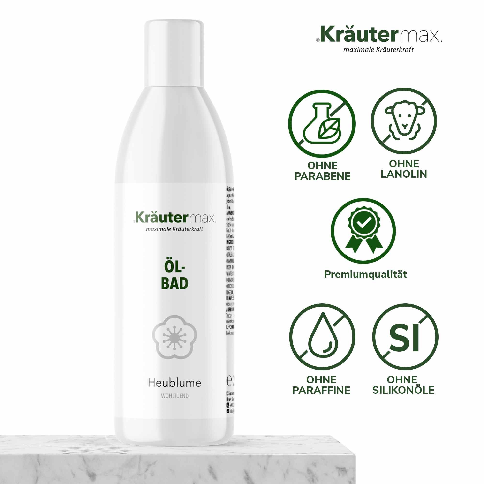 Weiße Flasche mit Produktbezeichnung und Logos. Ohne Parabene, Lanolin, Paraffine und Silikonöle. Premiumqualität.