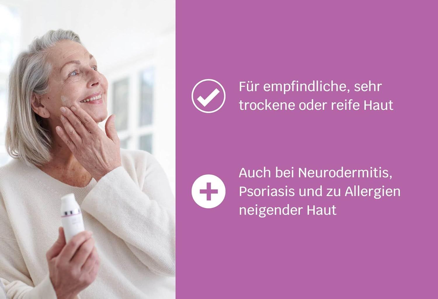 Ältere Frau mit grauem Haar trägt eine weiße Creme auf ihr Gesicht auf. Daneben Text über Hautpflege.