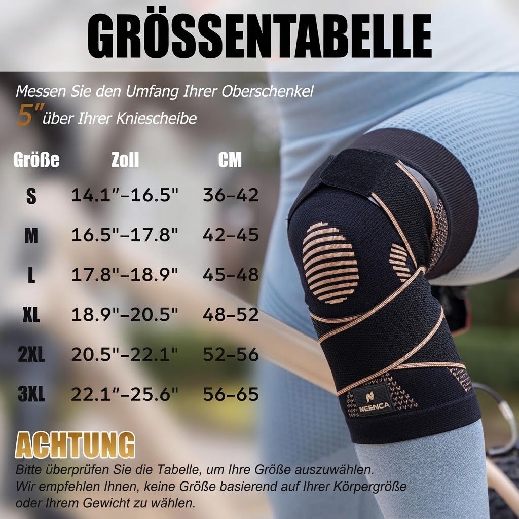 Größentabelle für Kniebandagen mit Maßen in Zoll und Zentimetern.