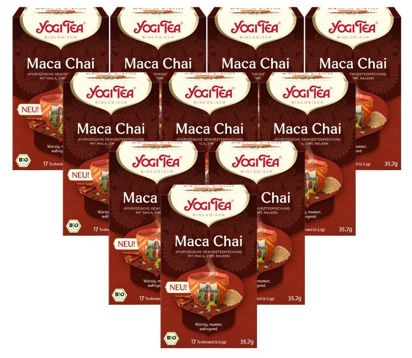 Mehrere Packungen Yogi Tea Maca Chai Bio Gewürztee. Aufdrucke: Maca Chai, Bio, 17 Teebeutel, 35.7g.